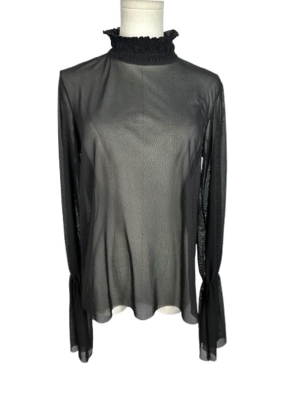 Zara Black Sheer Ruffled Mock Neck Long-Sleeve Top